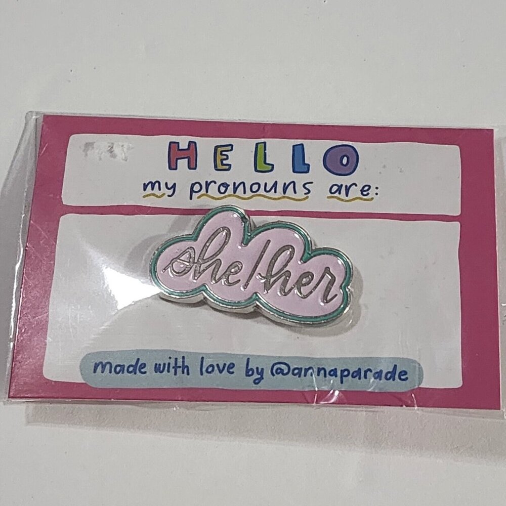 Anna Parade Hello My Pronouns Are She/Her Enamel Pin Pink Silver LGBTQ Pride NEW
